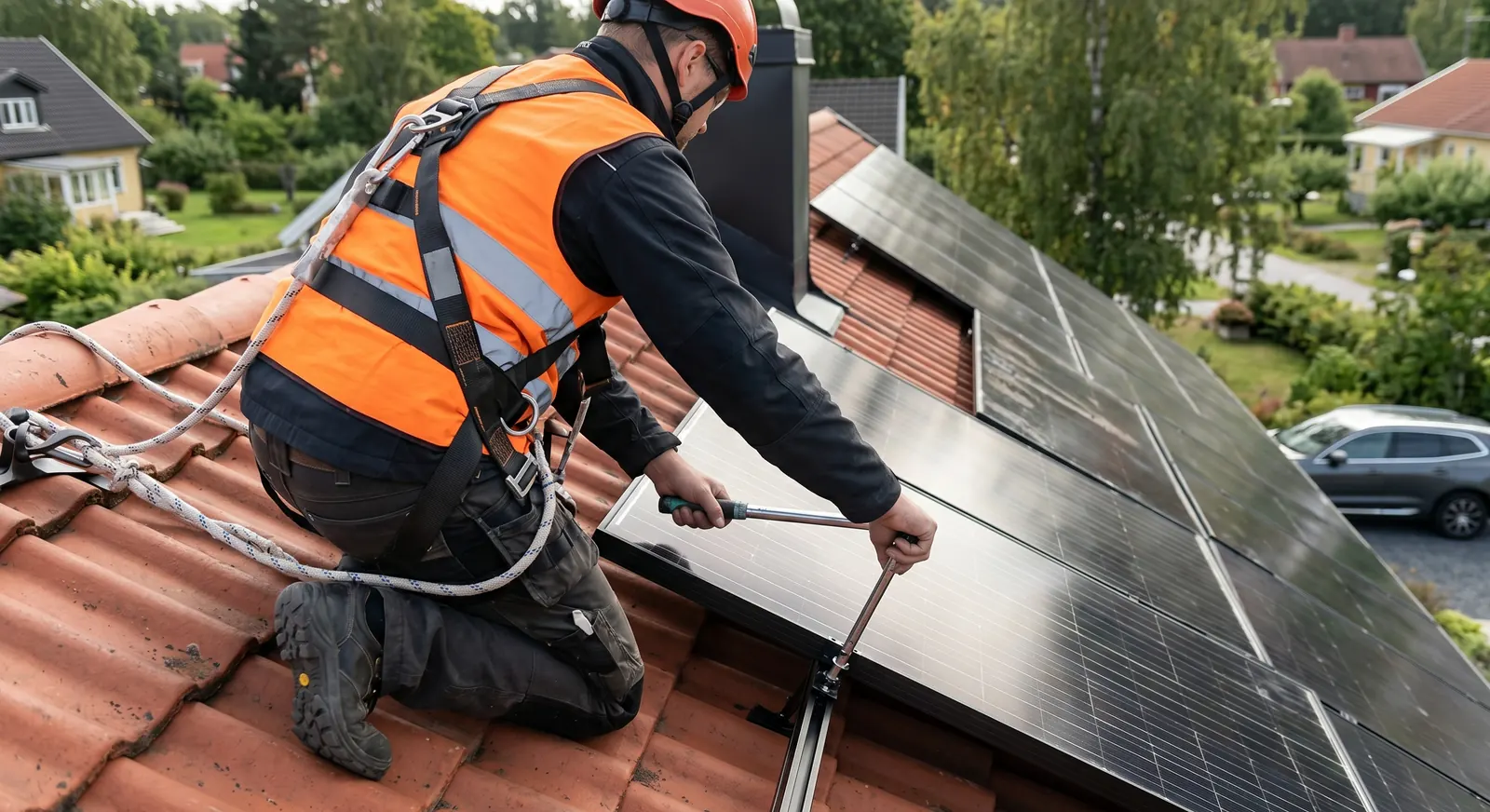 Certifierad montör installerar solpaneler på svenskt tak