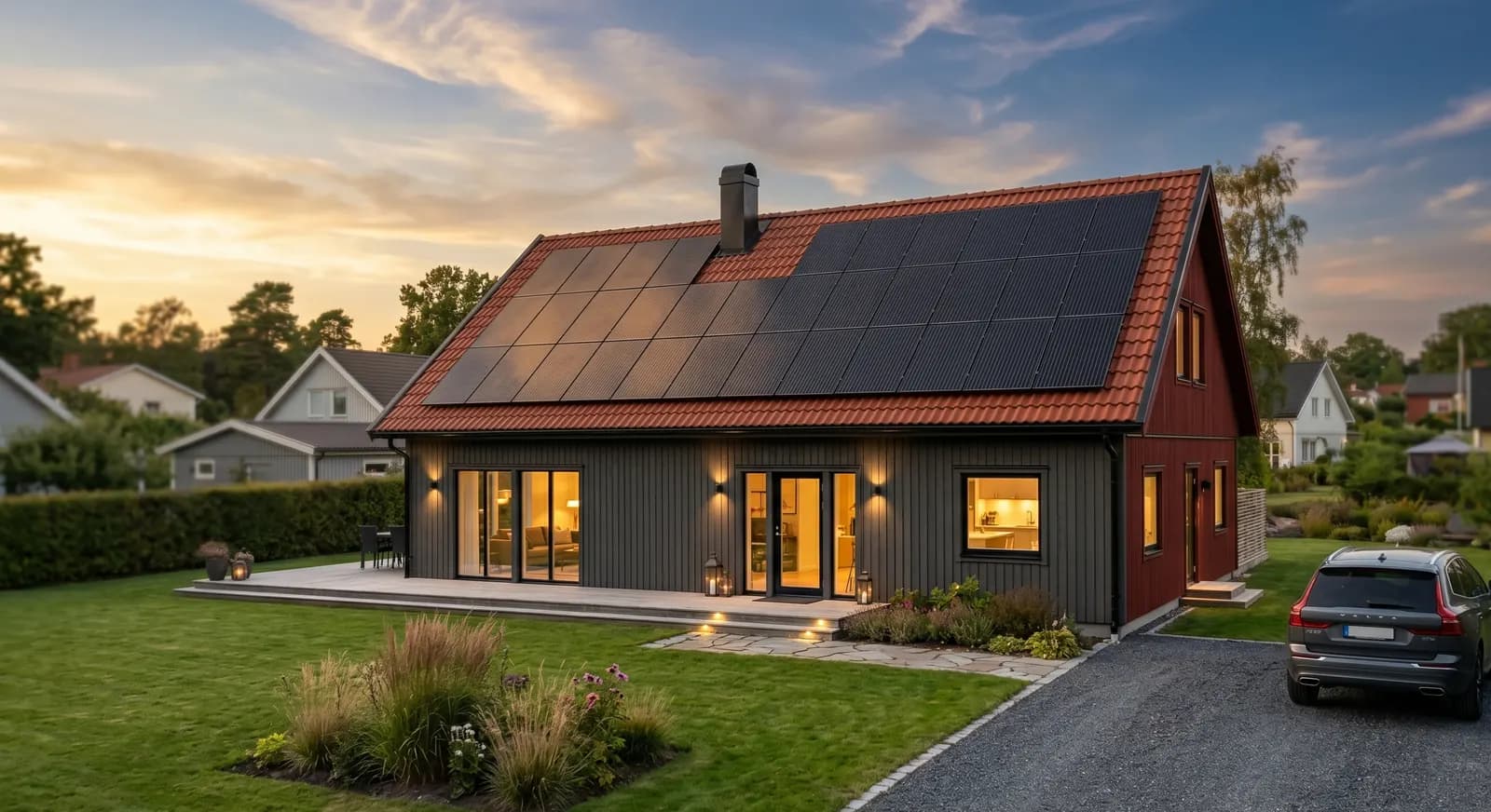 Svensk villa med solceller i kvällsljus – exempel från Helsingborg